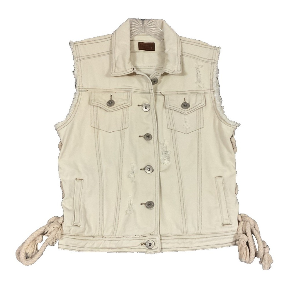 POL Beige Rope Accent Distressed‎ Denim Vest Women's Sz M Hippie Boho Festival